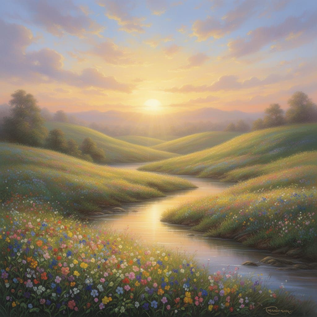 Ethereal Sunset Landscape with Golden Hour Glow