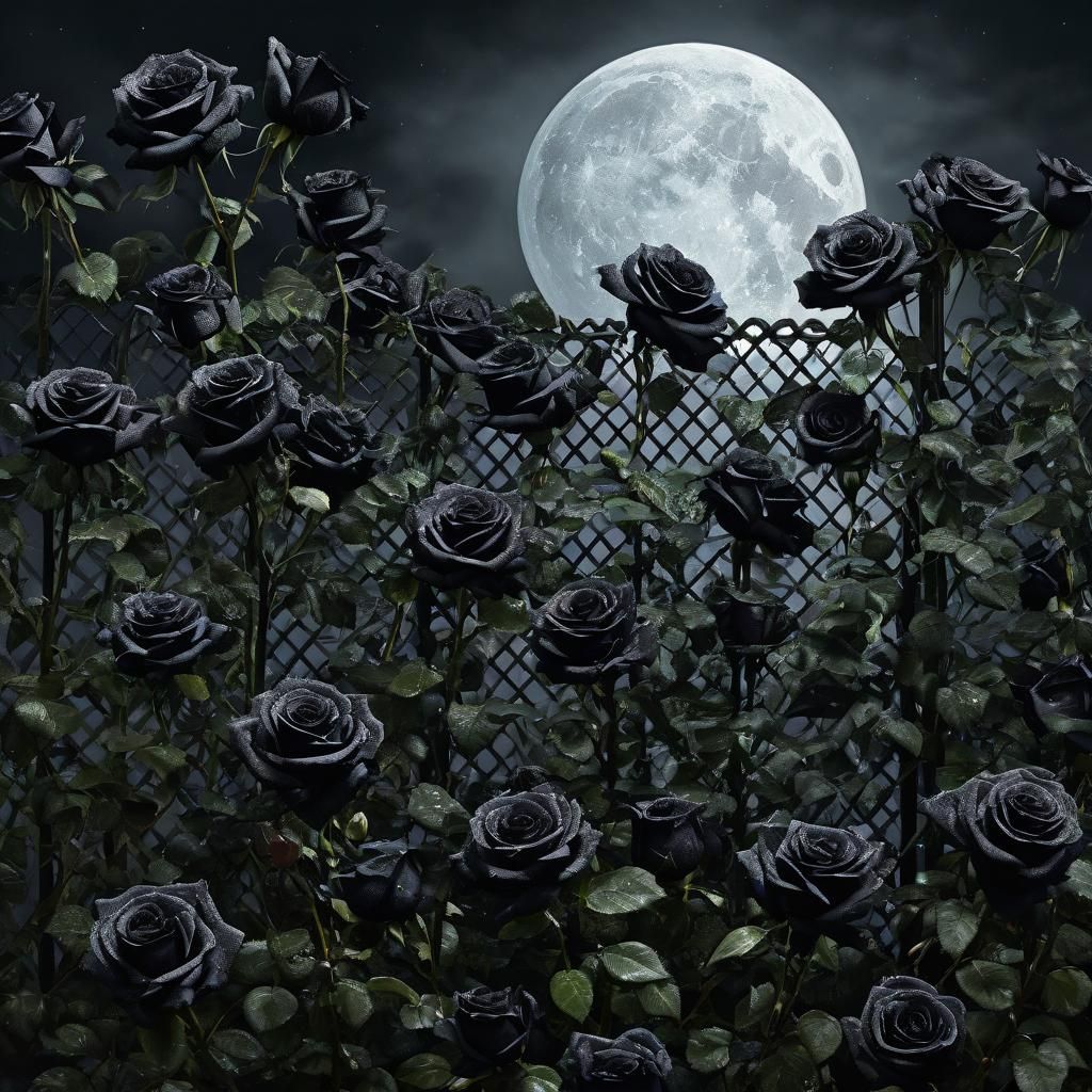 Eerie Pointillist Black Roses in Moonlight
