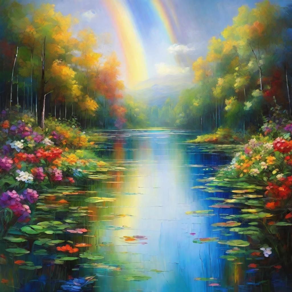 Impressionist Landscape with Glass Lake and Rainbow