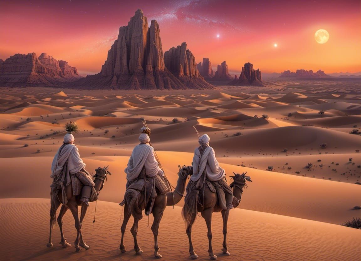 Whimsical Wise Men Follow Comet at Sunset