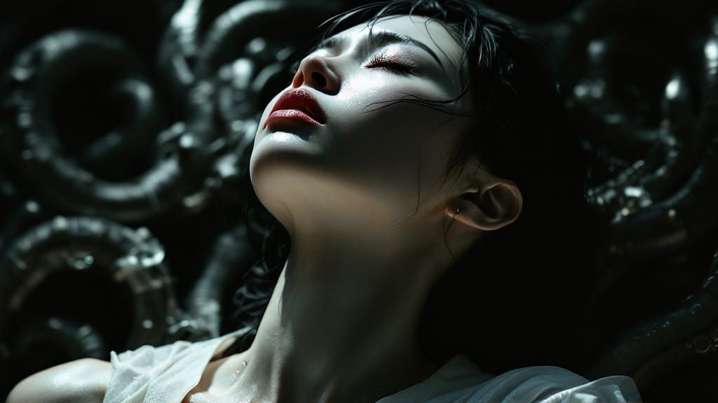 East Asian Woman in Dramatic Light, Silent Cry