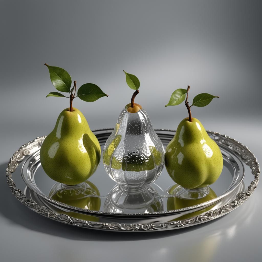 Seasons Encased: Glass Pears on Silver Tray