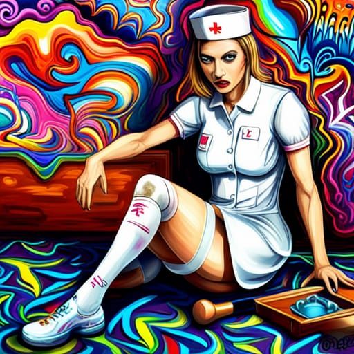 Nurse in Graffiti Art Style with White Dress