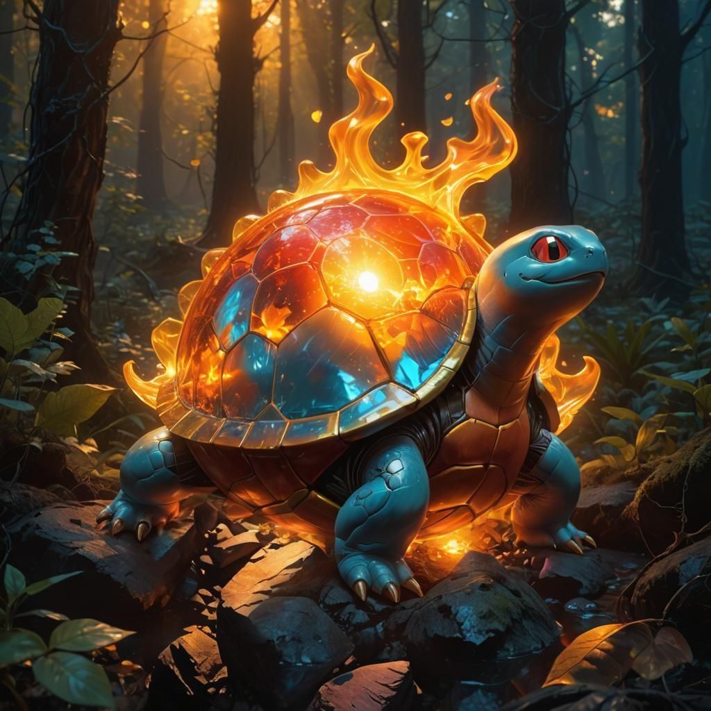 Flaming Glass Shell Squirtle Pokemon with Cosmic Reflections