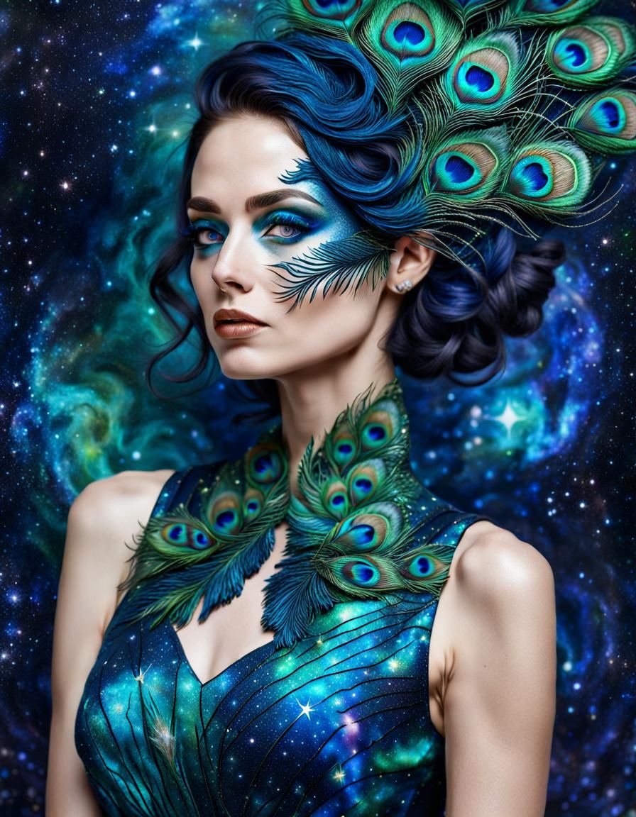 Woman in Peacock Dress with Starry Background