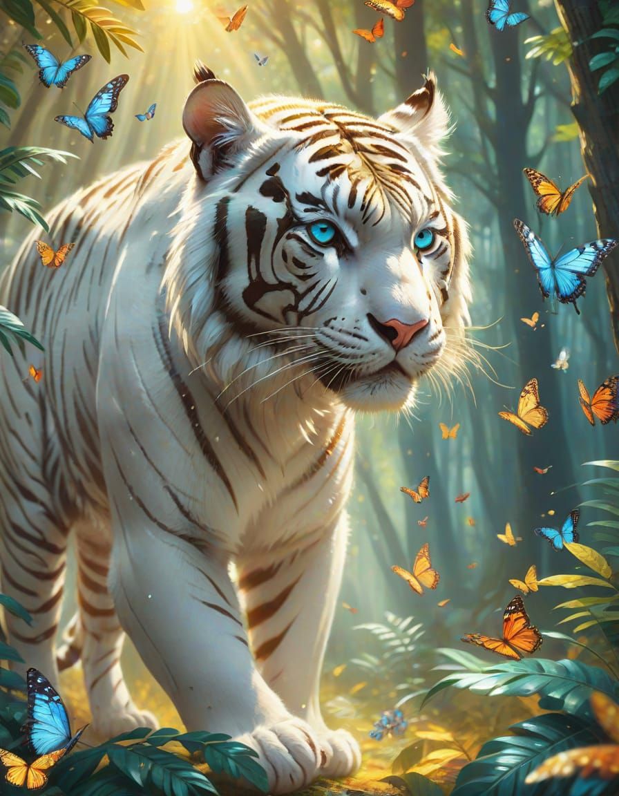 White Tiger with Butterflies in Sunlit Forest