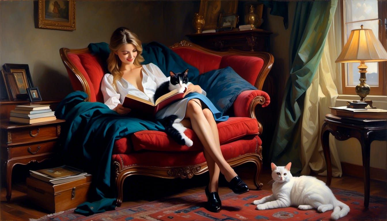Cozy Scene: Cat, Book, and Comfy Chair