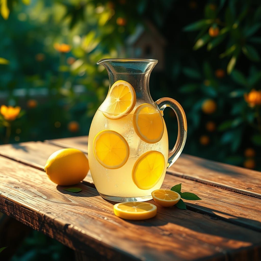 Delicate Glass Jug of Lemonade in Whimsical Garden Scene