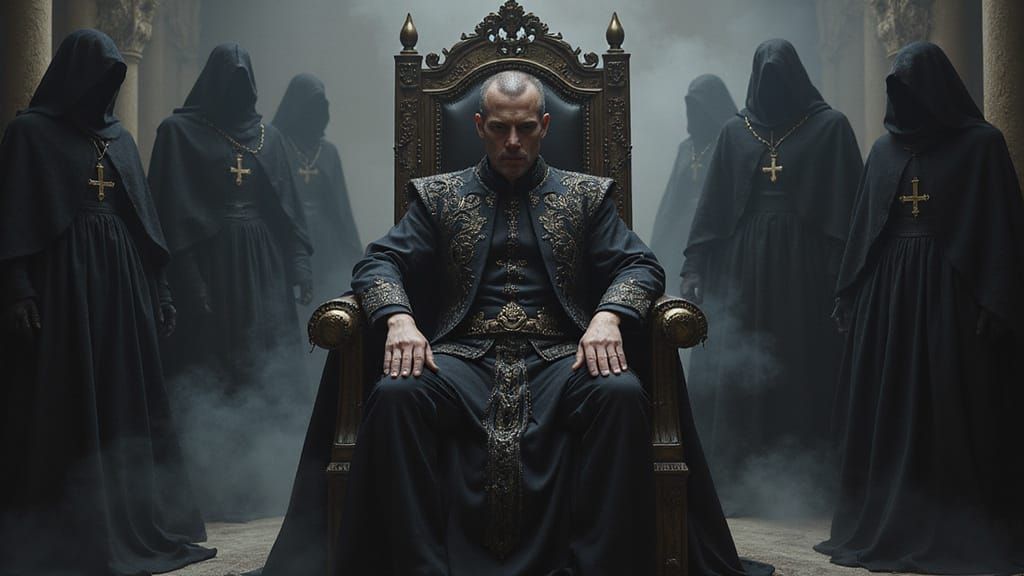 Enthroned Figure Surrounded by Faceless Shadows