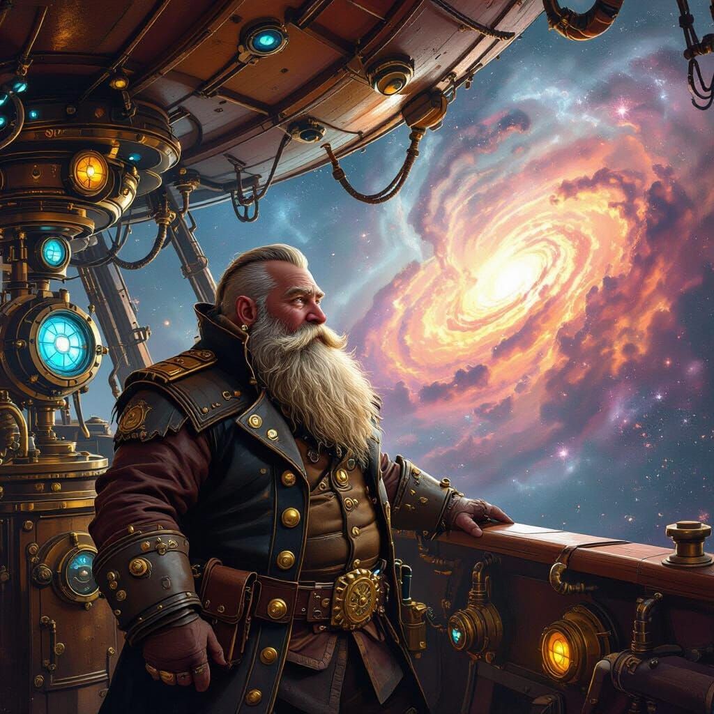 Dwarf Airship Captain Gazing at Nebula in Steampunk Style