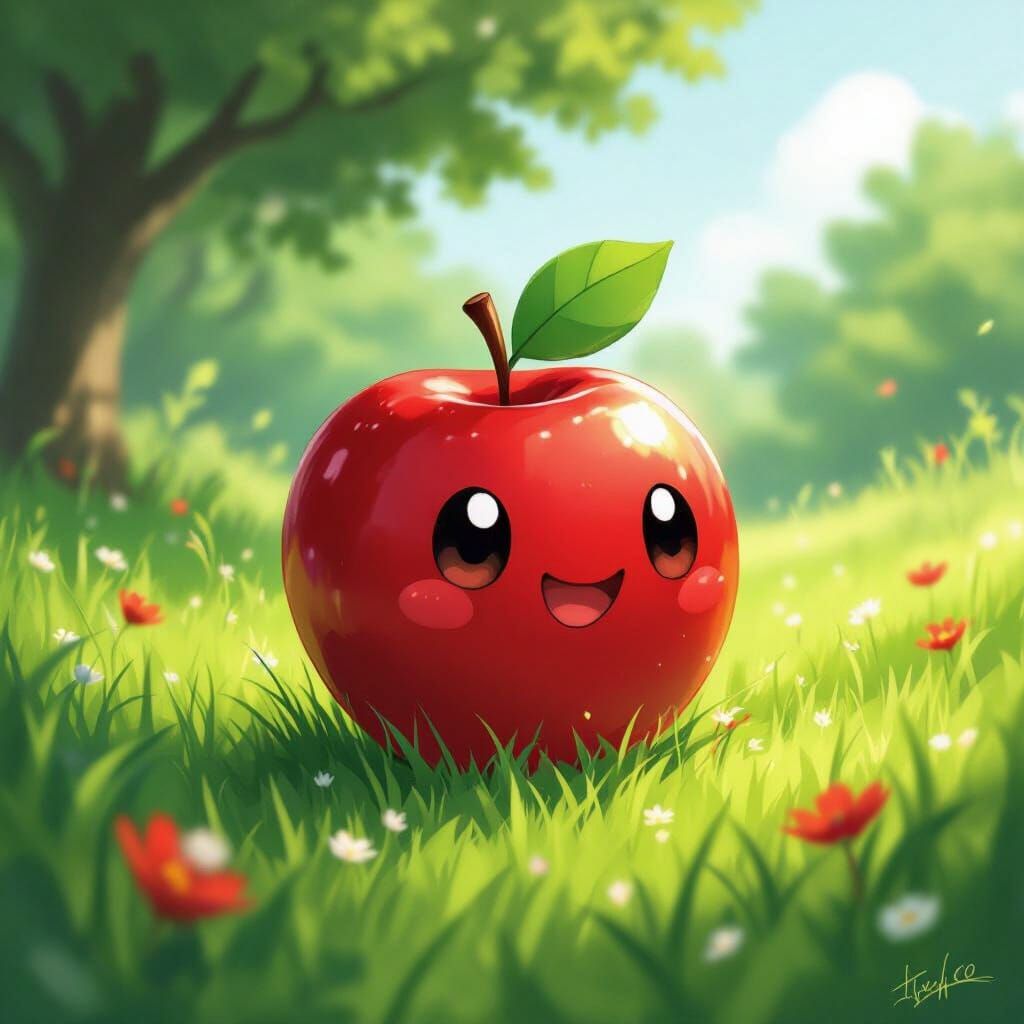 Lil Apple Pokémon Rolls Through Meadow, Loish Style