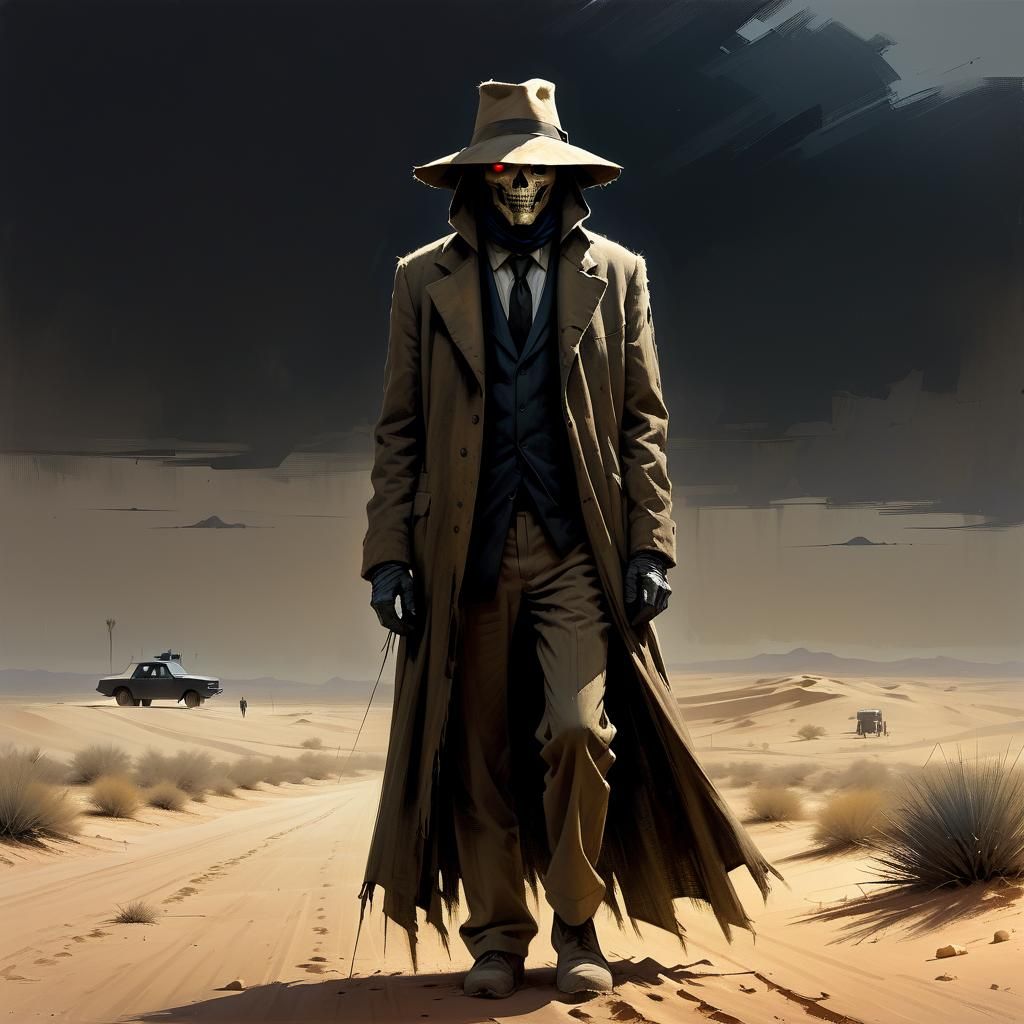 Moody Scarecrow in Desert, Charcoal Drawing