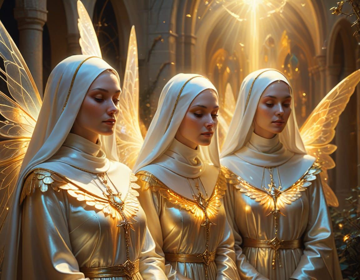 Fantastical Fairy Nuns in Oil Painting Style
