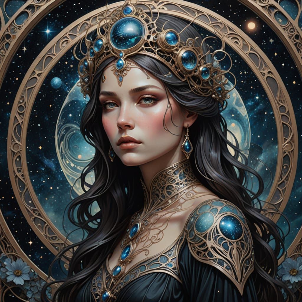 Ethereal Woman with Cosmic Tattoos in Art Nouveau Style