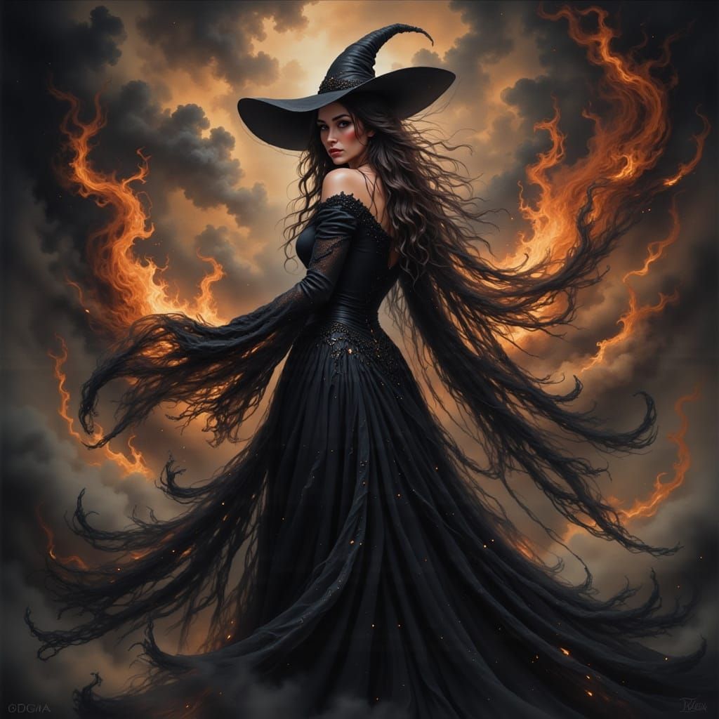 Dark Academia Witch in Fiery Dreamcore Landscape