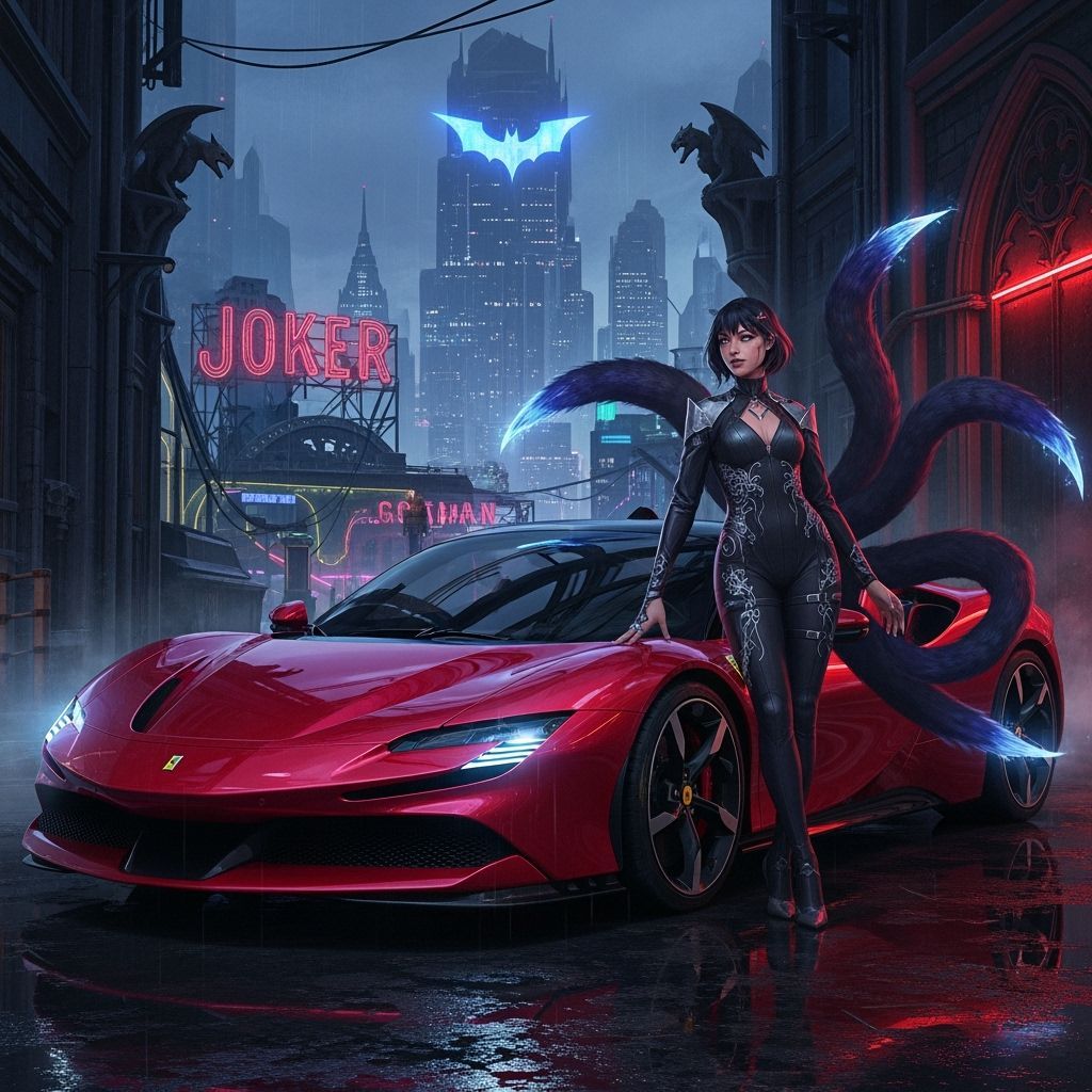 Ahri in Gotham City with Ferrari, Cyberpunk Aesthetic