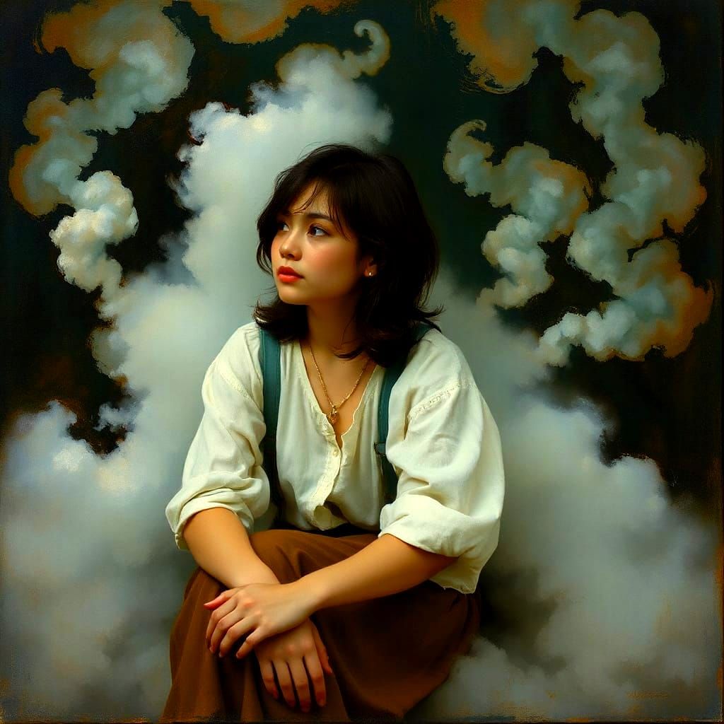 Contemplative Woman Surrounded by Swirling Mist