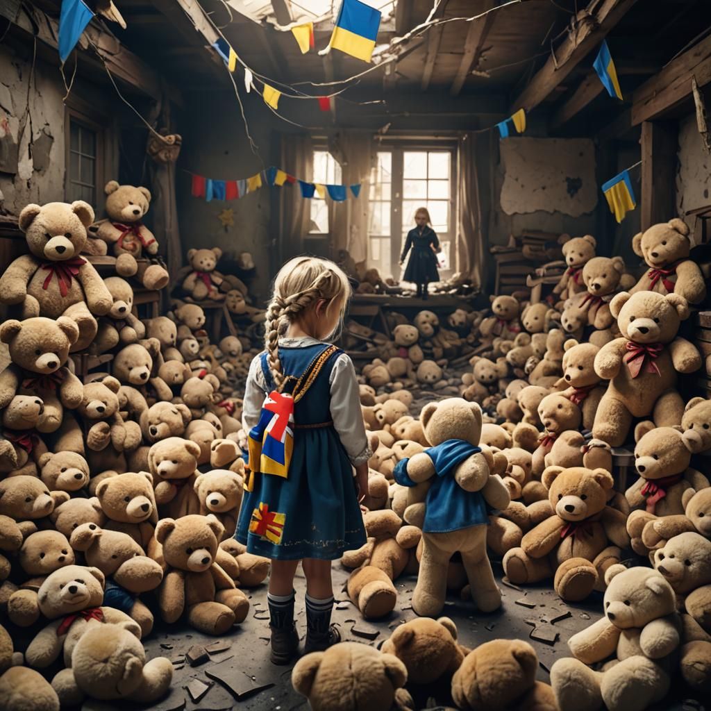 Girl with Teddy Bear in War Zone, Digital Painting
