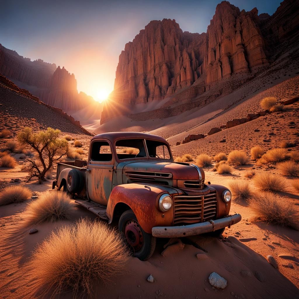 Desert Canyon Sunrise with Rusted Truck
