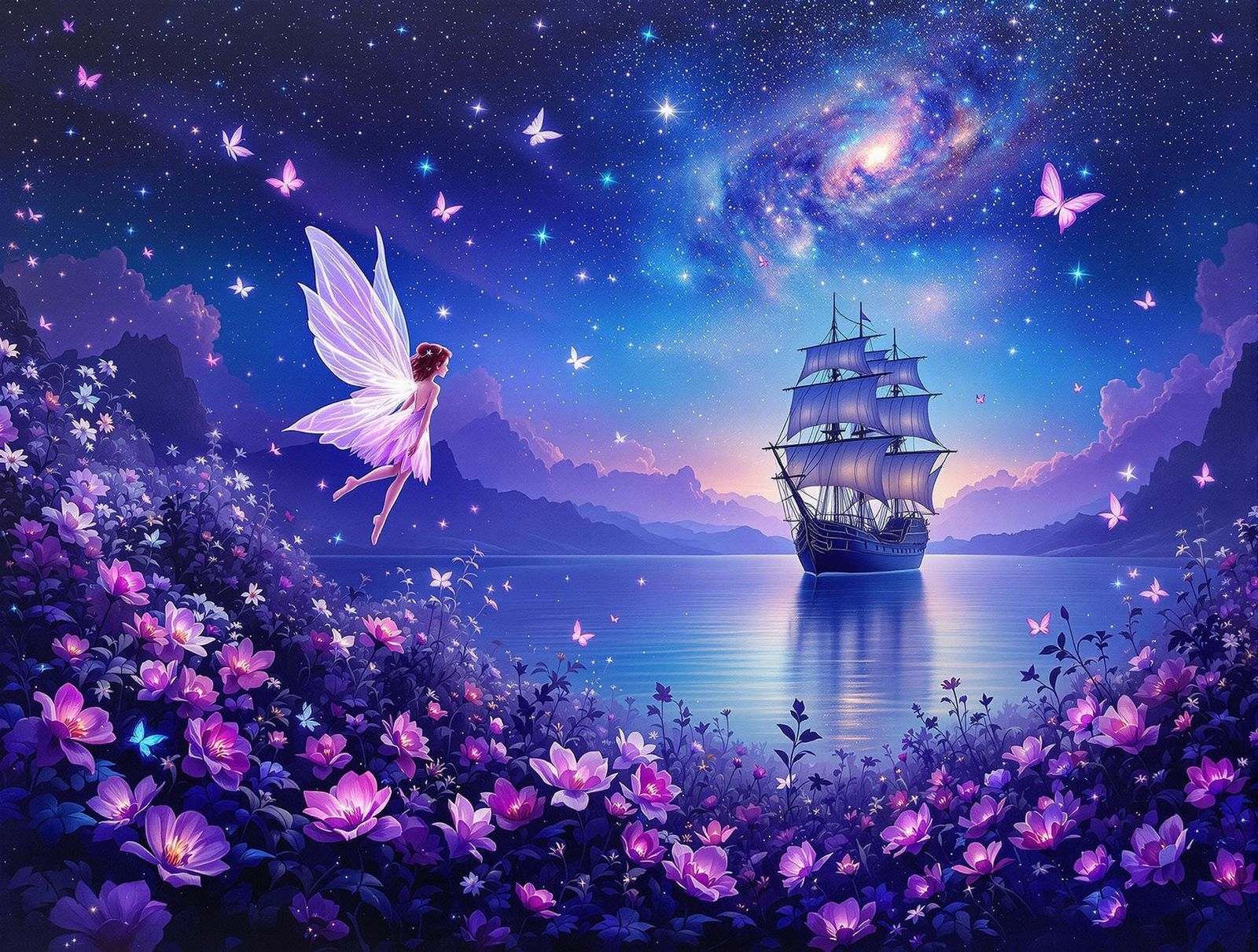 Surreal Night Landscape with Glowing Fairy in Oil Painting S...