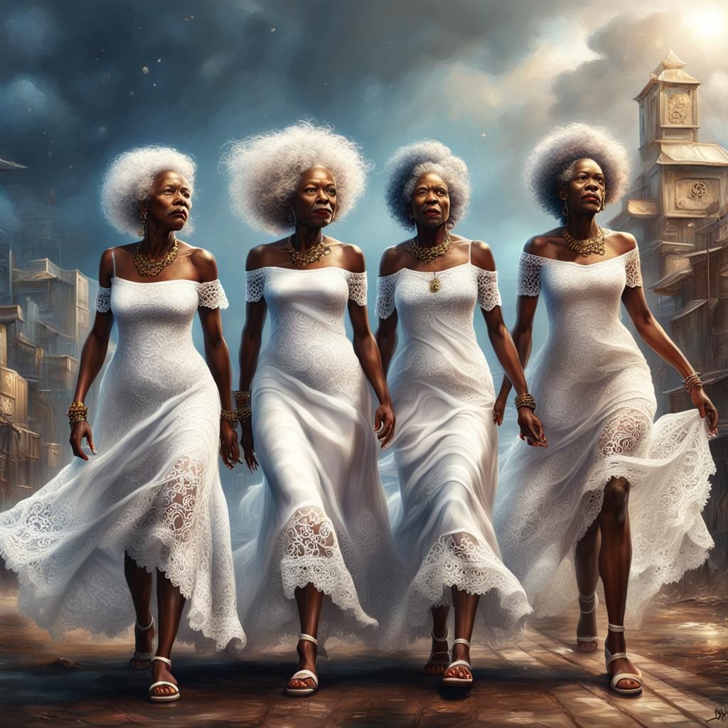 Surreal Urban Fantasy Oil Painting of Three African Women