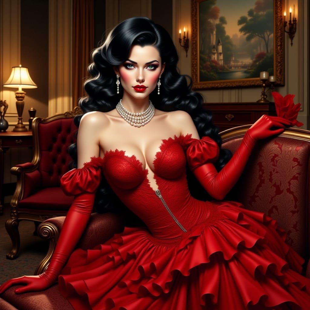 Glamorous Victorian Lady in Elegant Red Dress