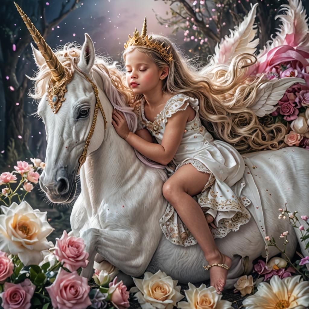 Baby Princess and Unicorn in Hyperrealistic Fantasy Style