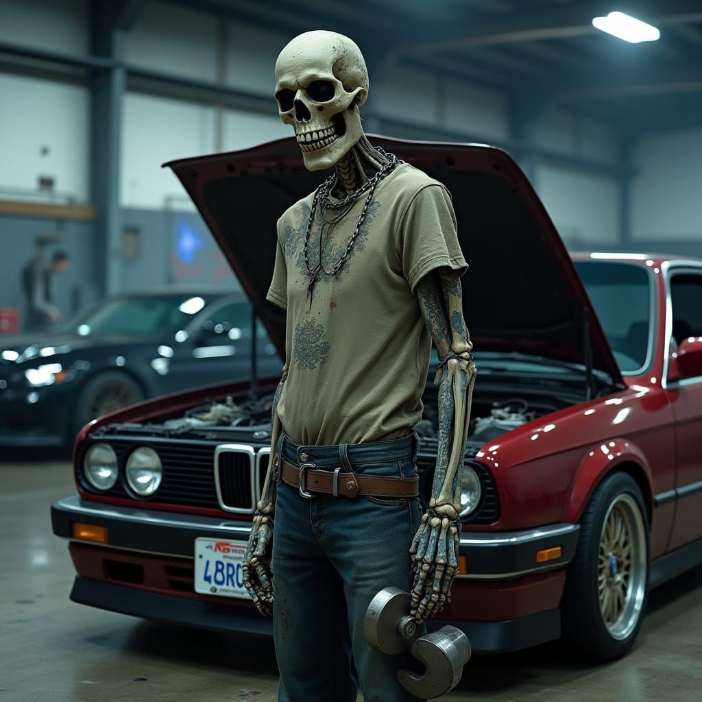 Dark Garage Garage with Neon Blue Lights and BMW