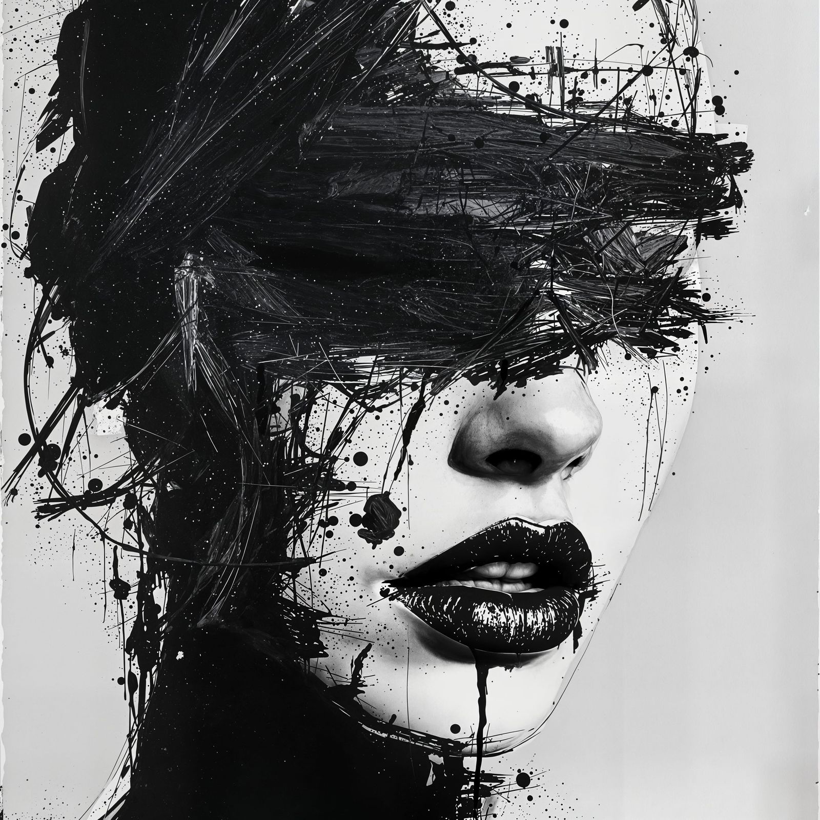 Expressive Monochrome Portrait in Thick, Textured Ink