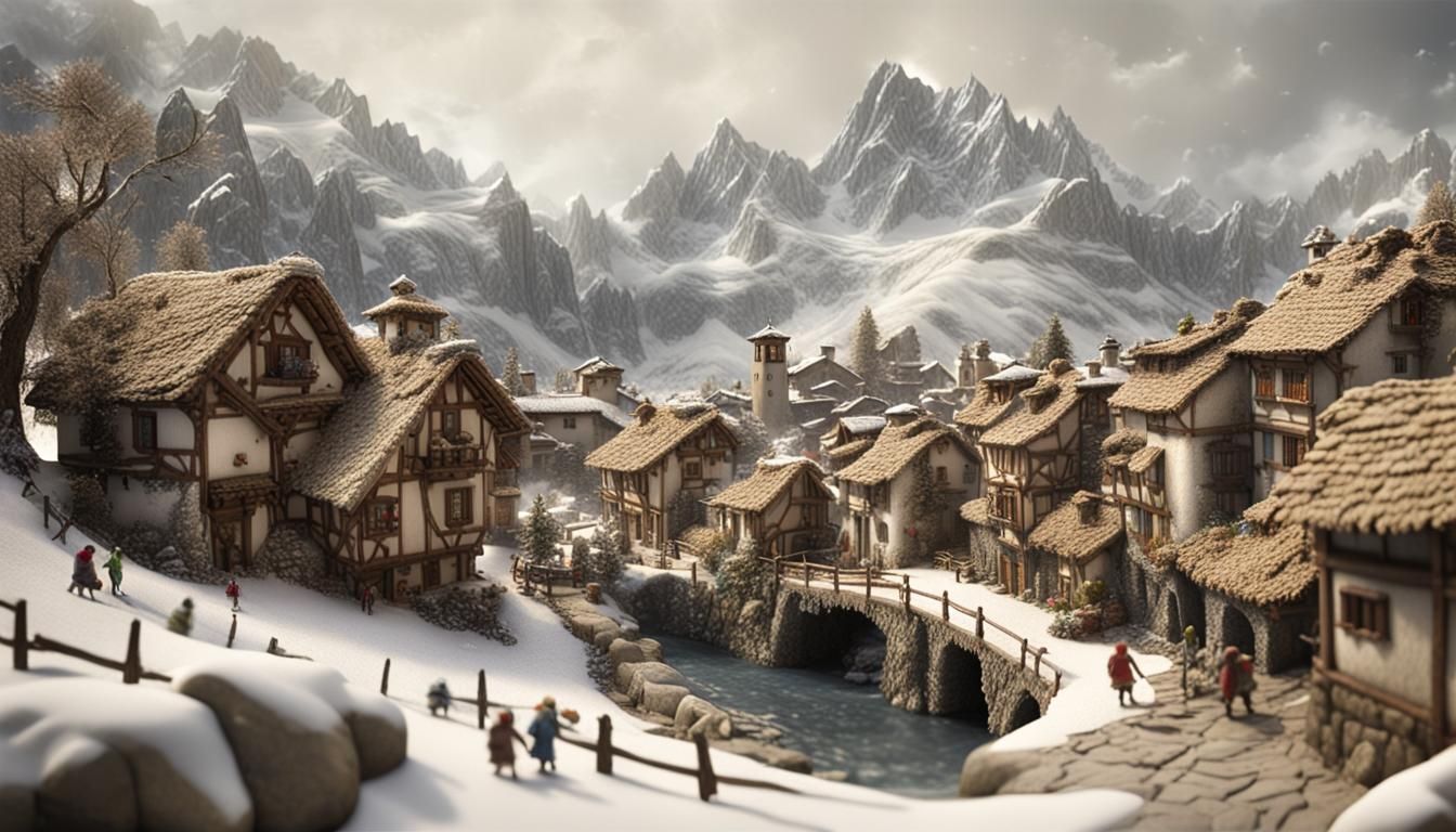 Snowy Italian Mountain Village in Miniature Style