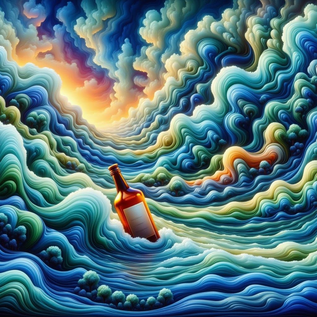 Amber Bottle with Note in Vibrant Ocean Mural