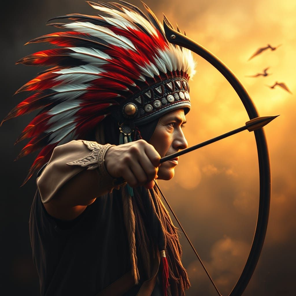 Majestic Indigenous Warrior in Vibrant Fantasy Landscape