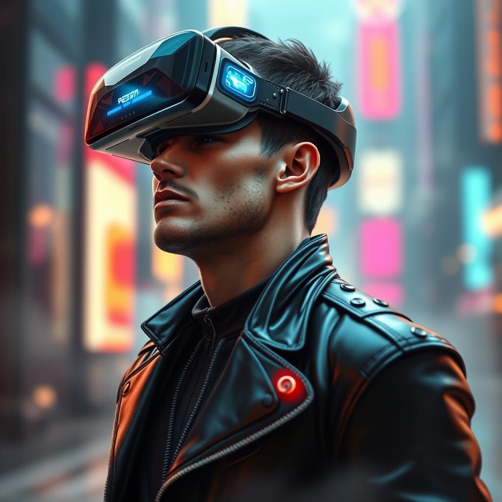 Man in Futuristic Exosuit Accessing Virtual Reality