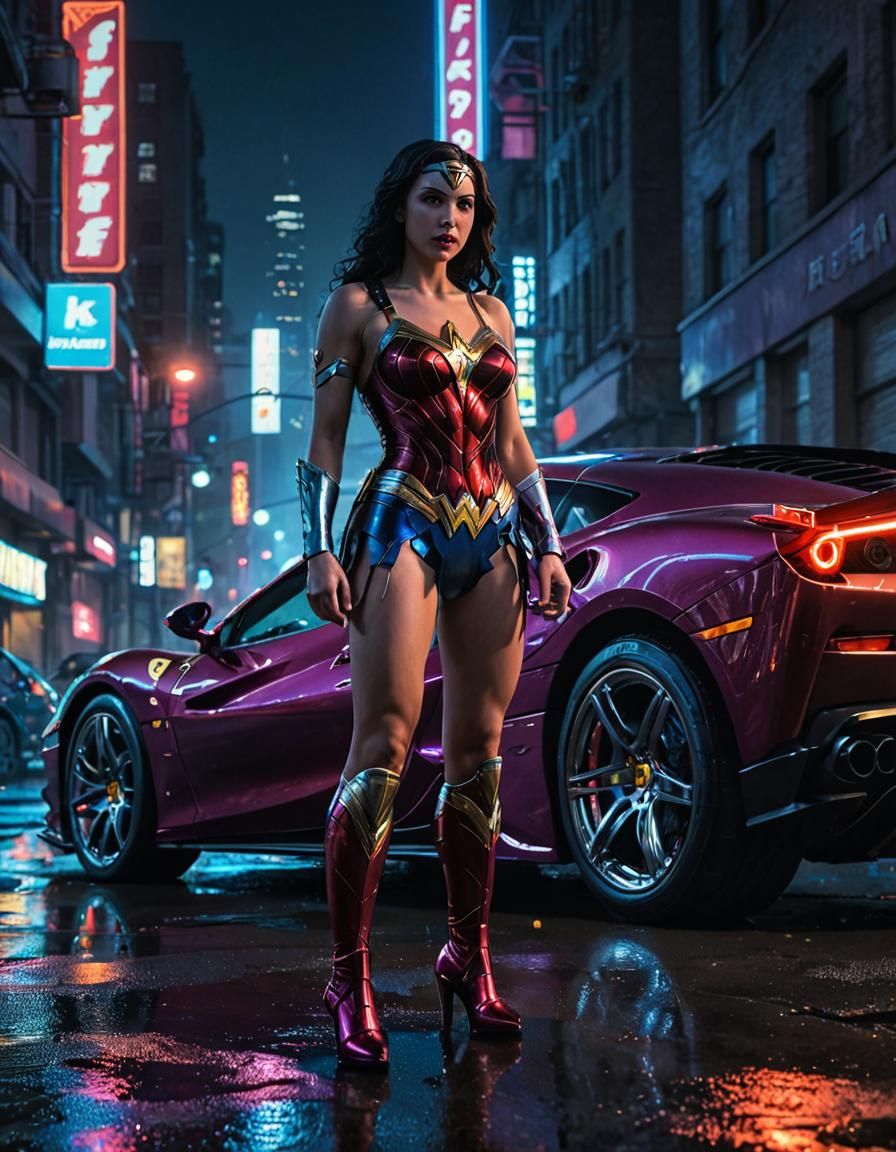 Wonder Woman in Cyberpunk Gotham With Ferrari