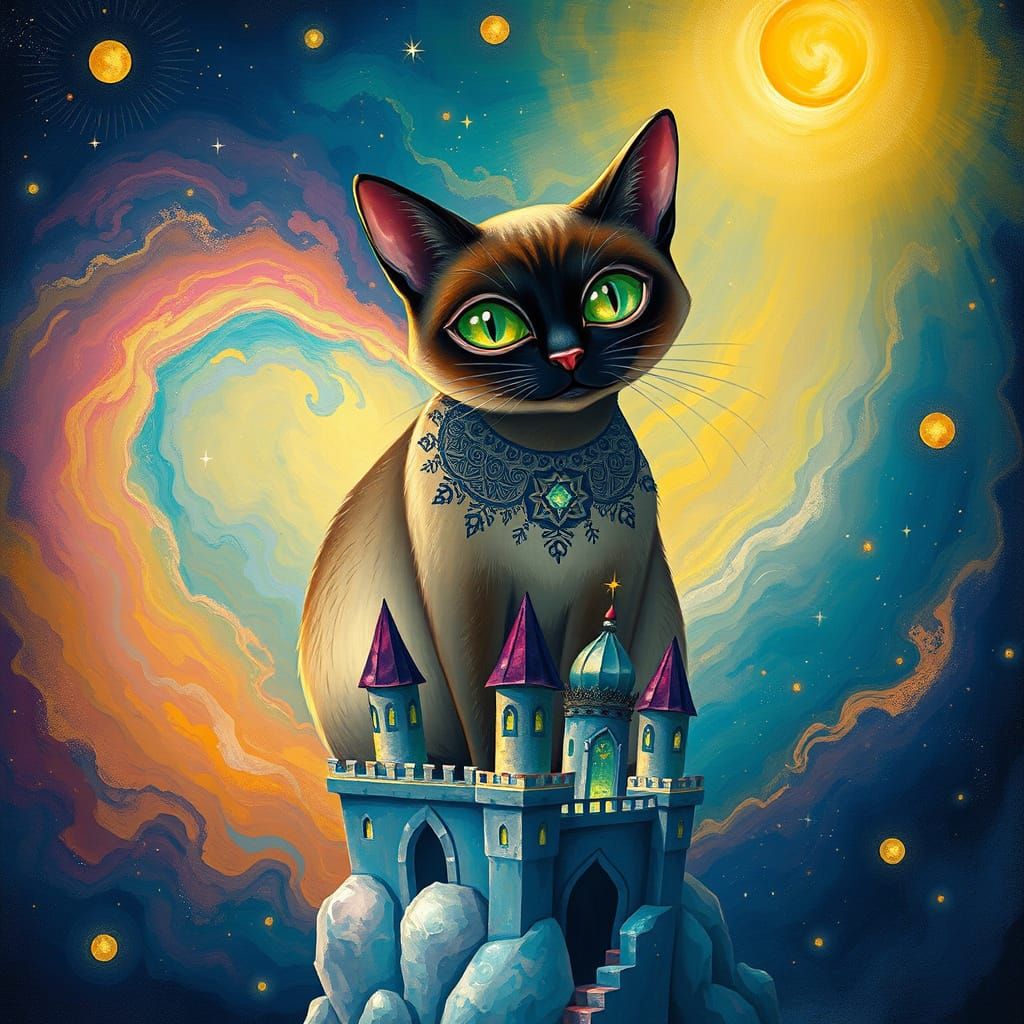 Whimsical Siamese Cat on Crystal Castle in Folk Art Fantasy ...