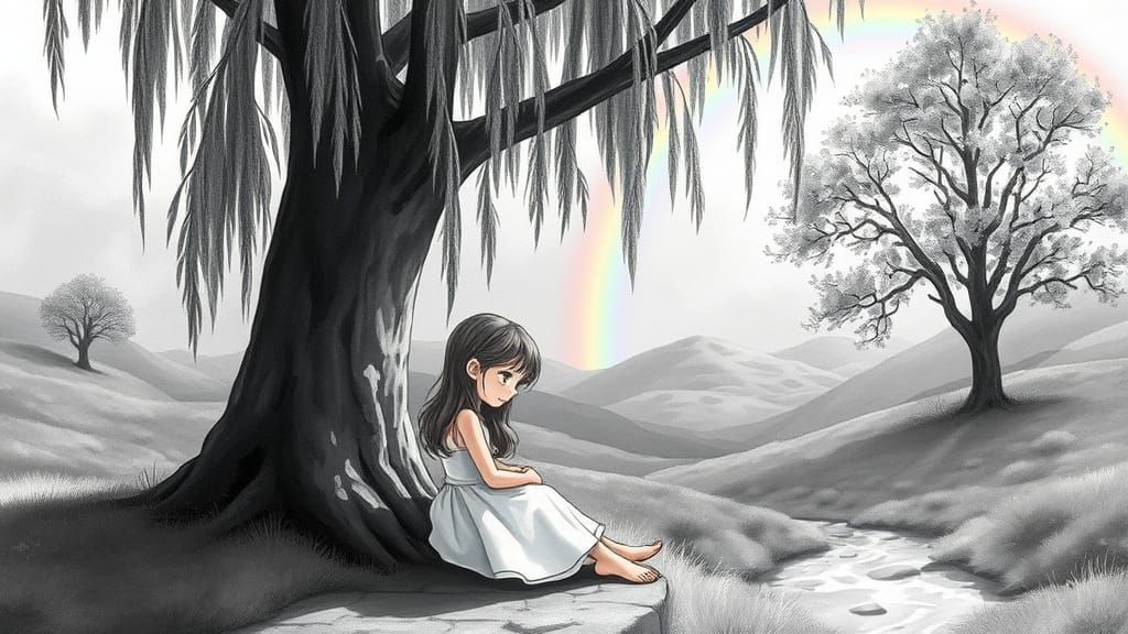 Girl Cries Under Weeping Willow: Chibi Watercolour