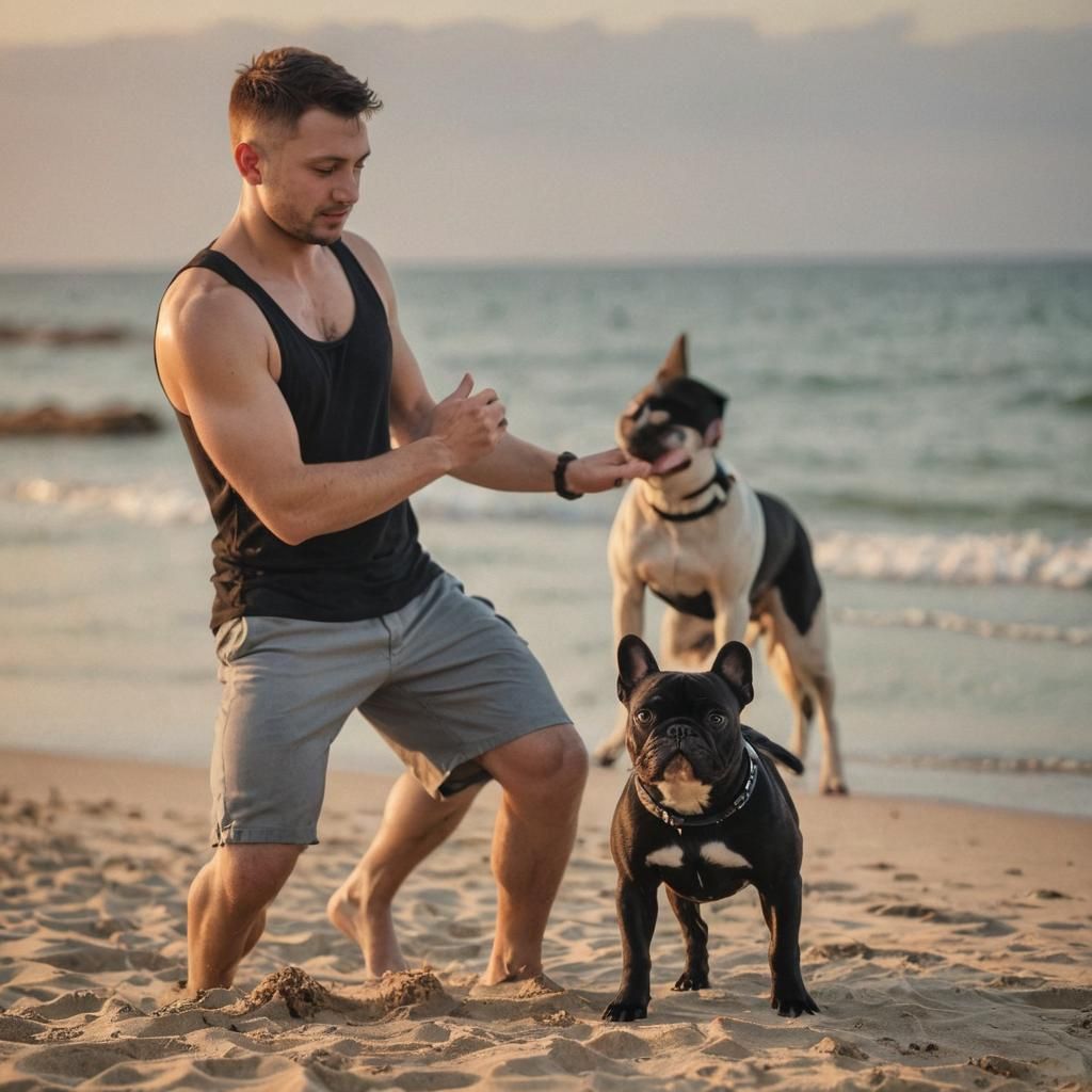 Man and French Bulldog at Sunset: Photorealistic Beach Scene