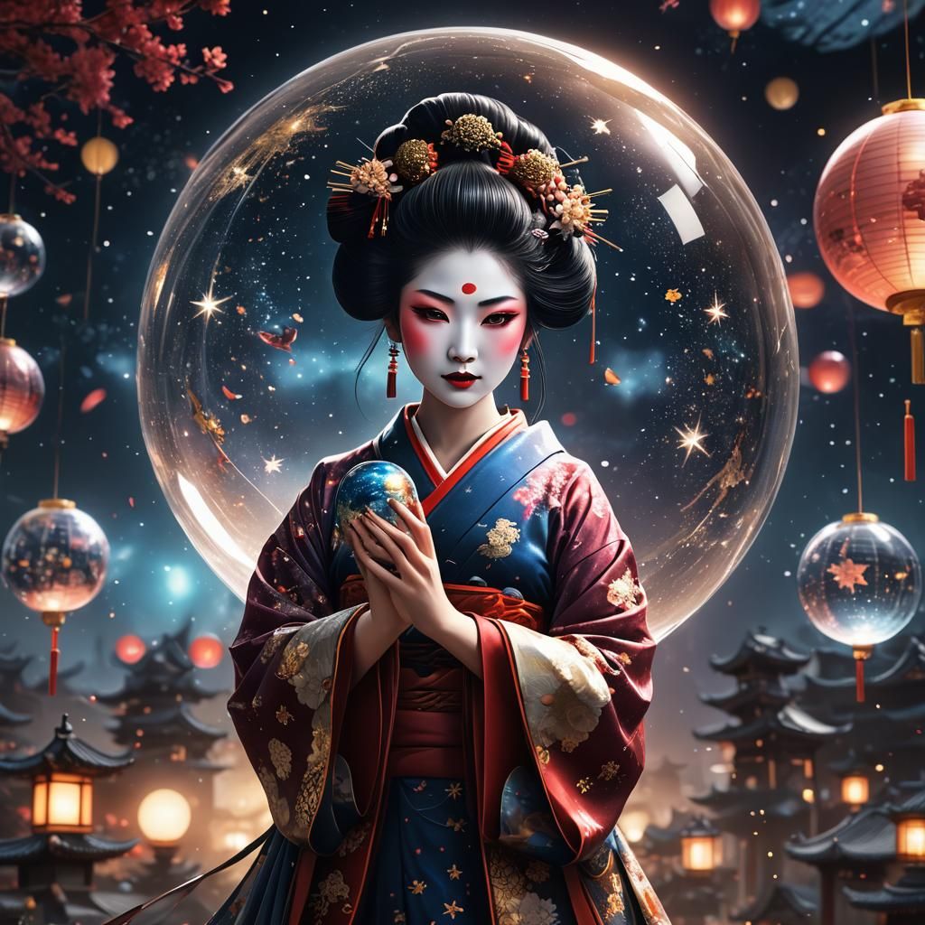 Sinister Geisha with World in Glass Ball
