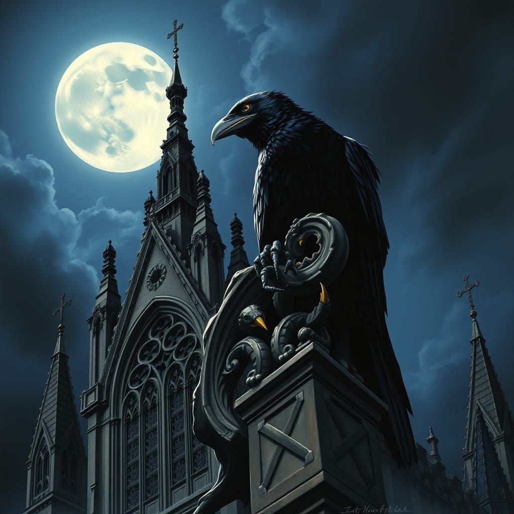 Gothic Raven on Gargoyle in Dark Fantasy Style