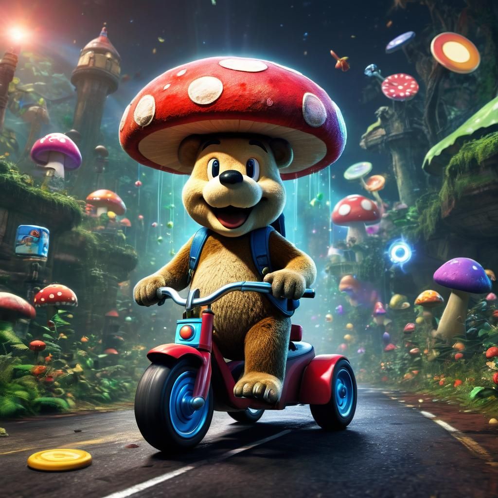 Pedabear Rides Rainbow Road in Gaming Fantasy