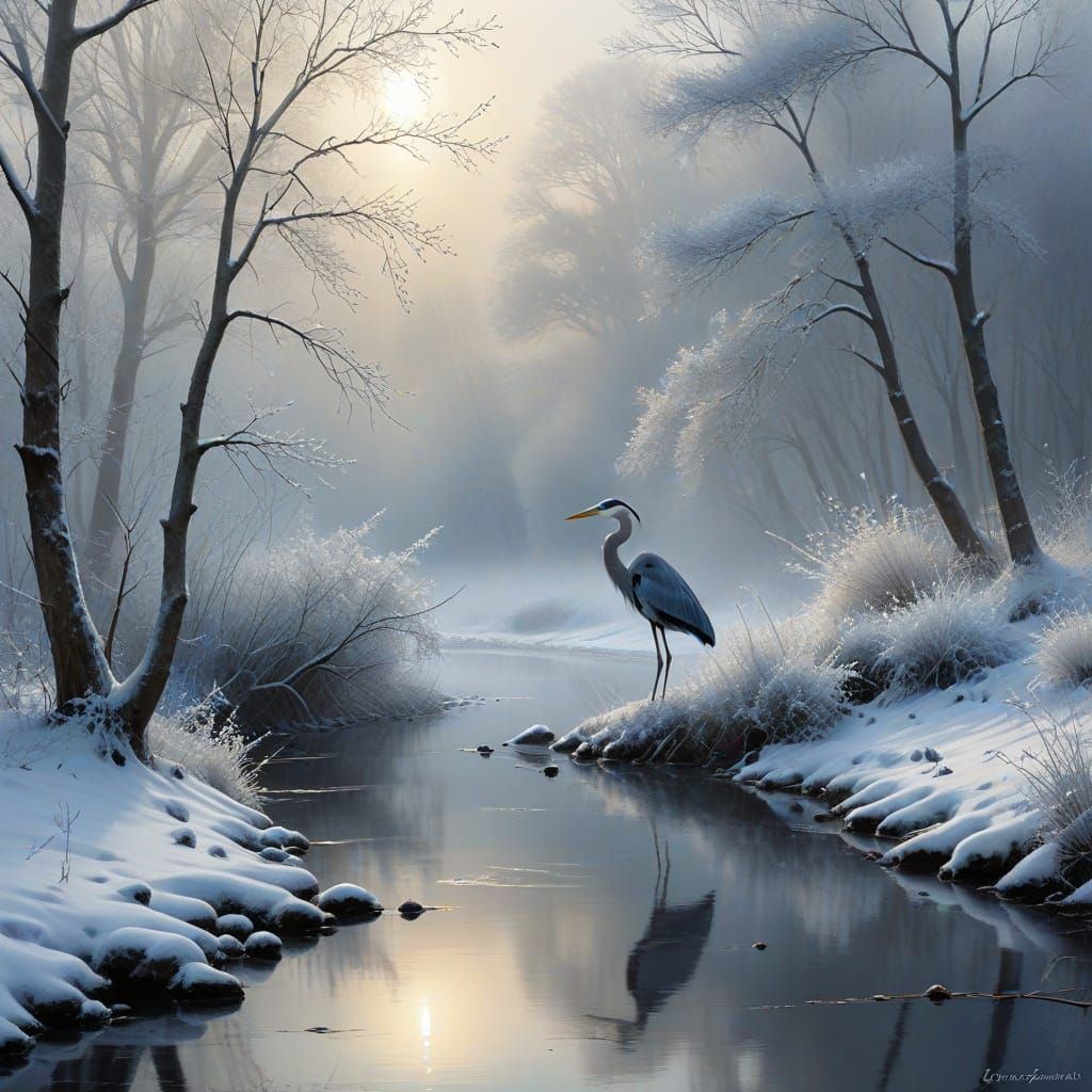 Blue Heron in Misty Winter Landscape Fine Art Painting