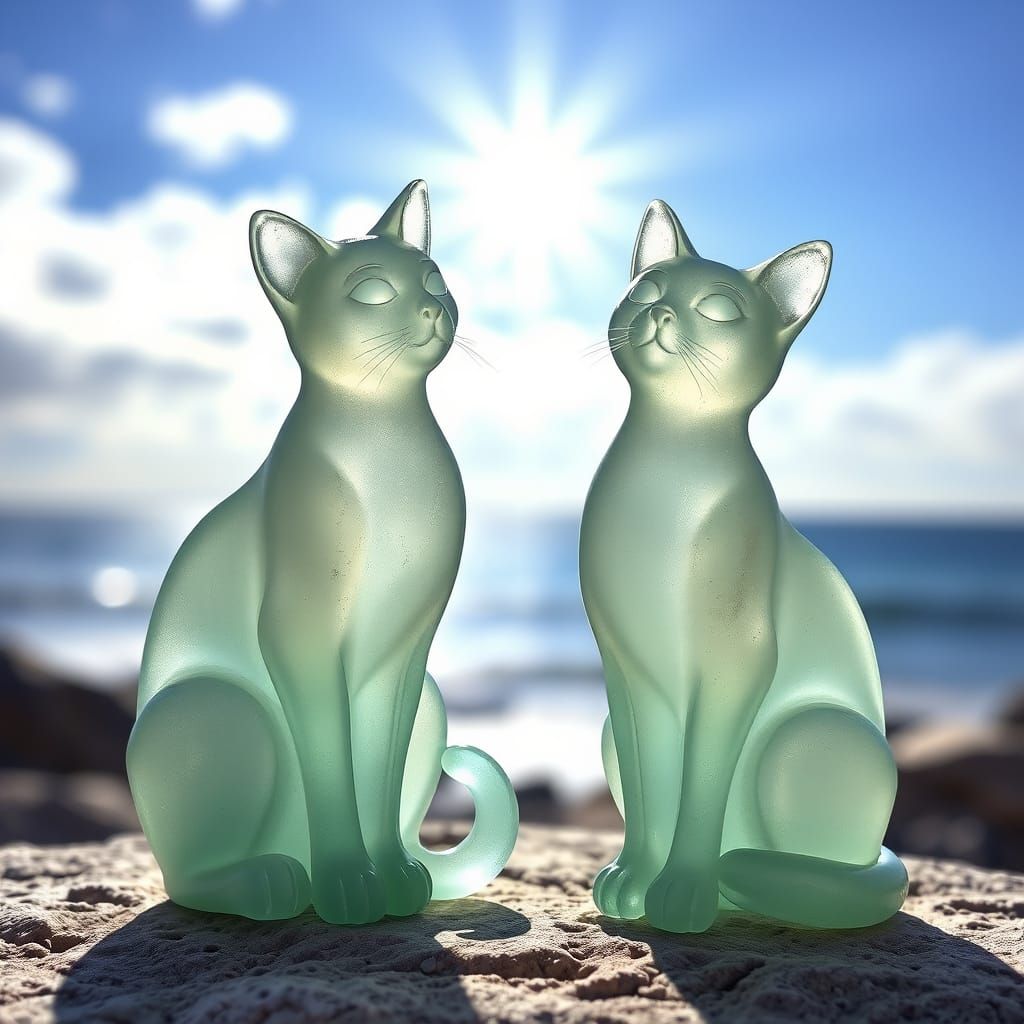 Sea Glass Cat Sculptures in Divine Sunshine