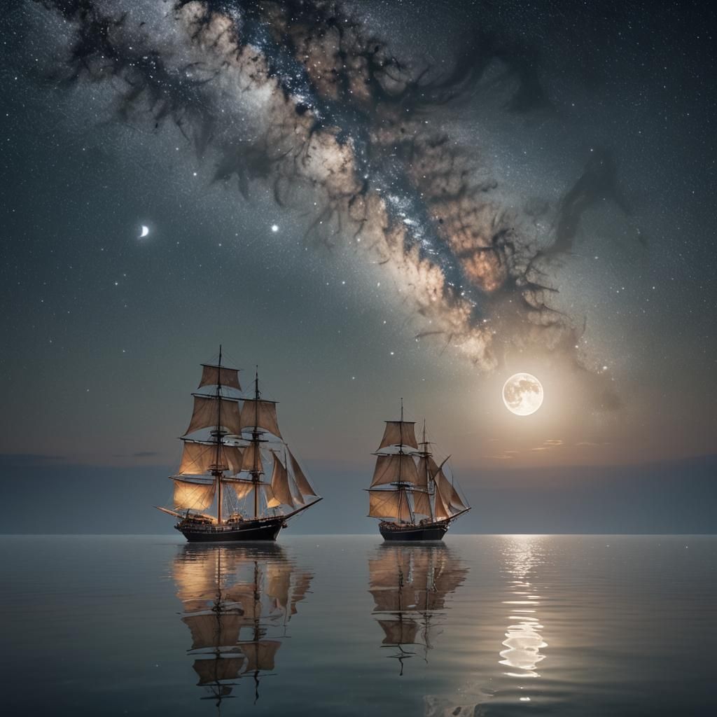 Ship on Glassy Sea Under Moonlight