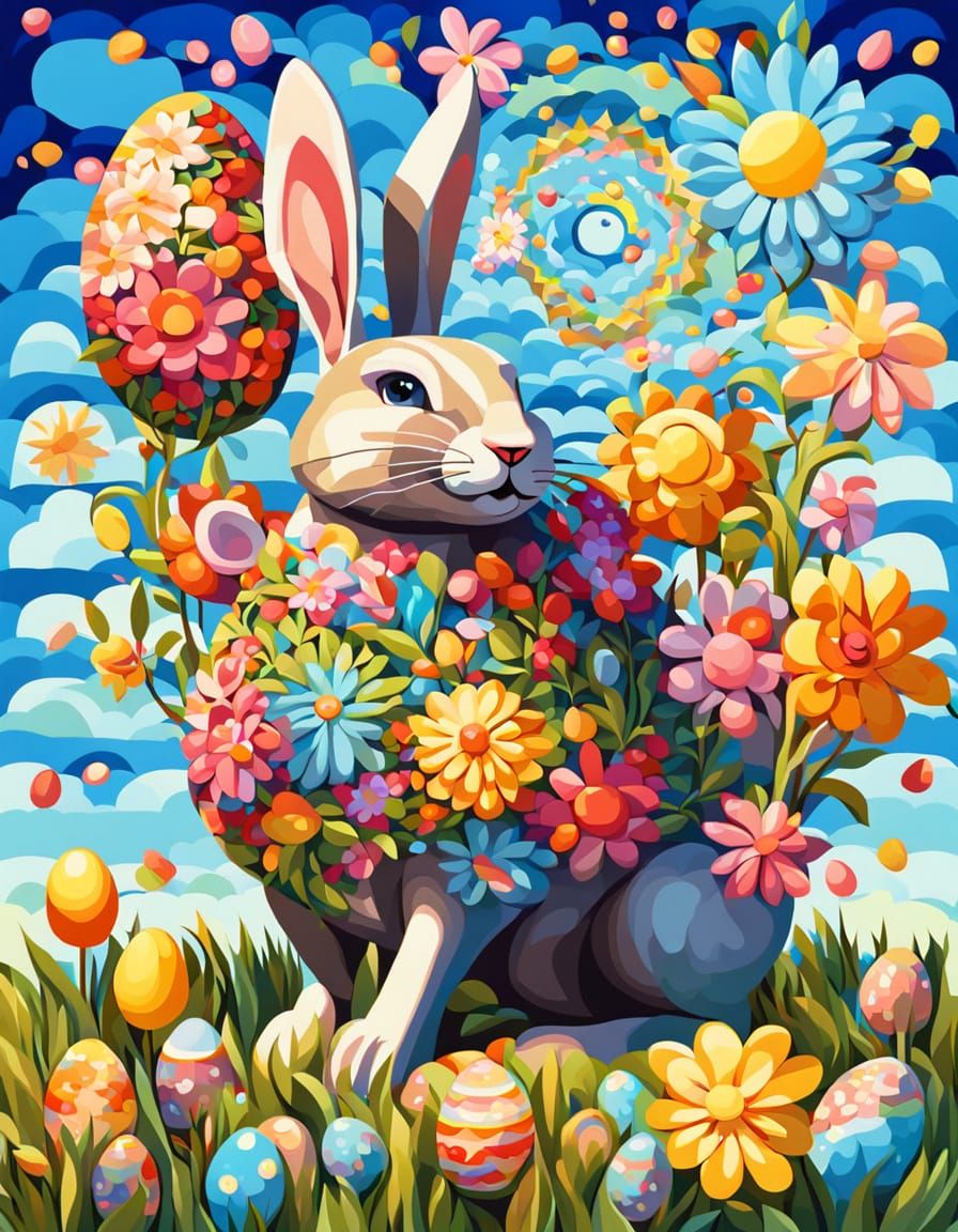 Vibrant Easter Bunny in Cubist Floral Maze