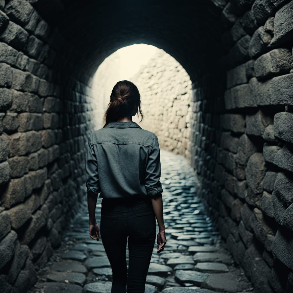 Woman in Stone Tunnel: Cinematic Film Still