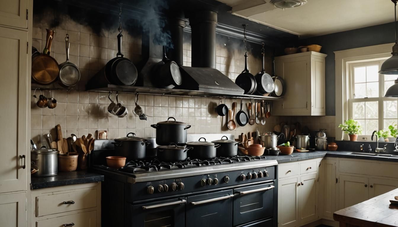 Kitchen in Chaos with Billowing Smoke