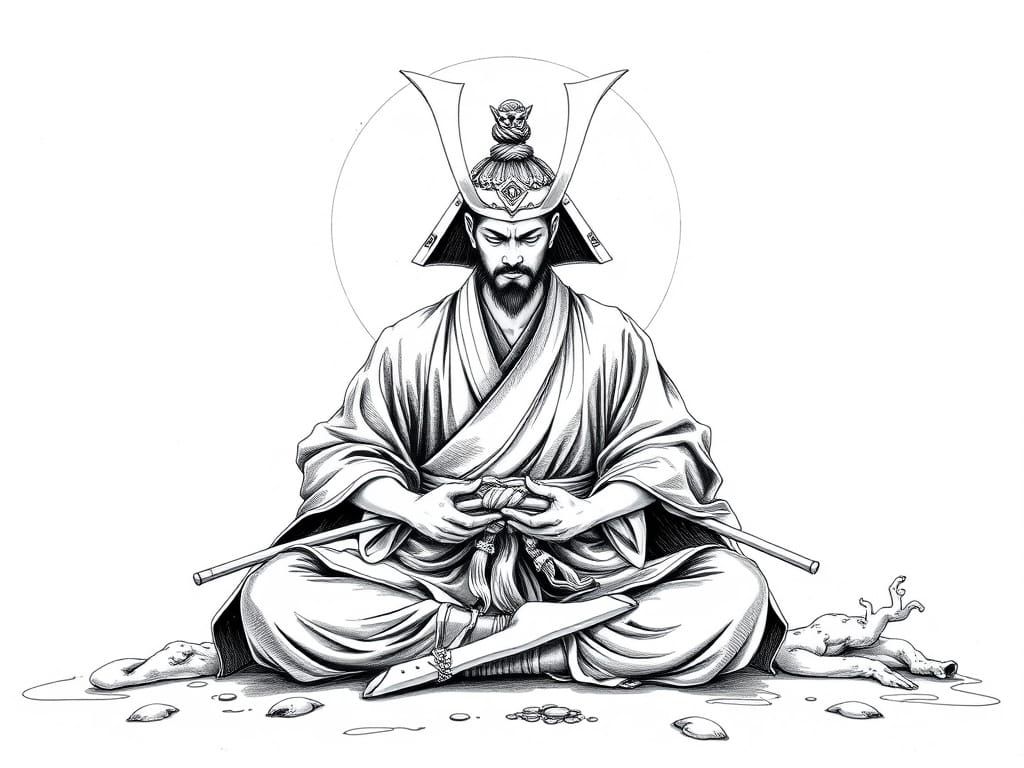 Zen Samurai in Black and White Pencil Art