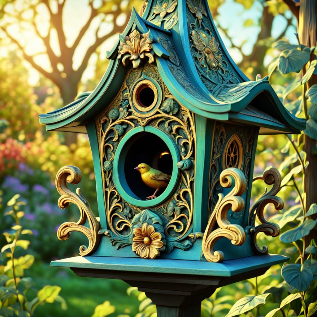 Art Nouveau Birdhouse with Holographic Effects