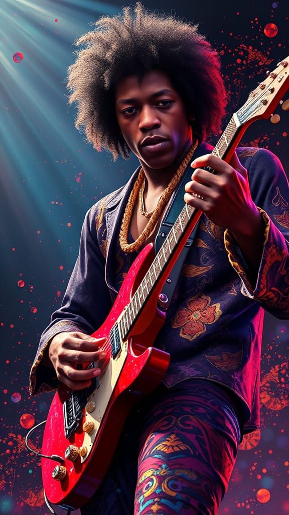 Jimmy Hendrix Playing Guitar in Fantastical Art Style