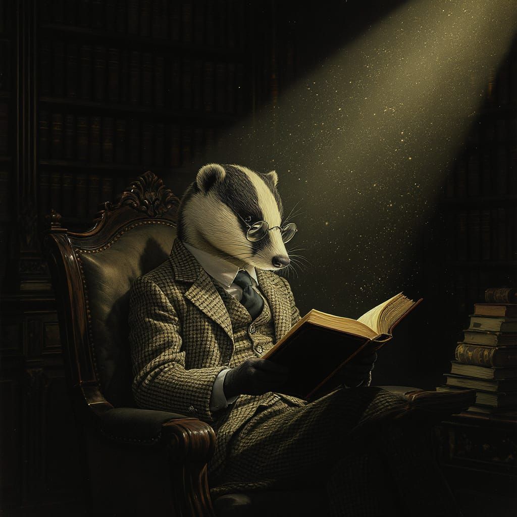 Badger Reading Book in Antique Study, Rackham Style